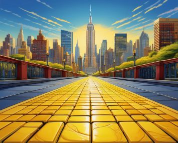 A drawing of a yellow brick road towards Manhattan.
