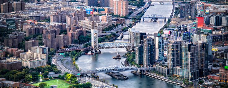 The Harlem River separating the Bronx and Upper Manhattan shot via helicopter from an altitude of about 1000 feet.
